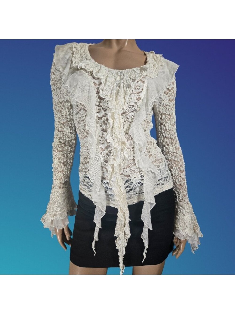 Vintage Y2K Off White Lace Fairy Blouse Bell Sleeve Size S Gothic Victorian Boho